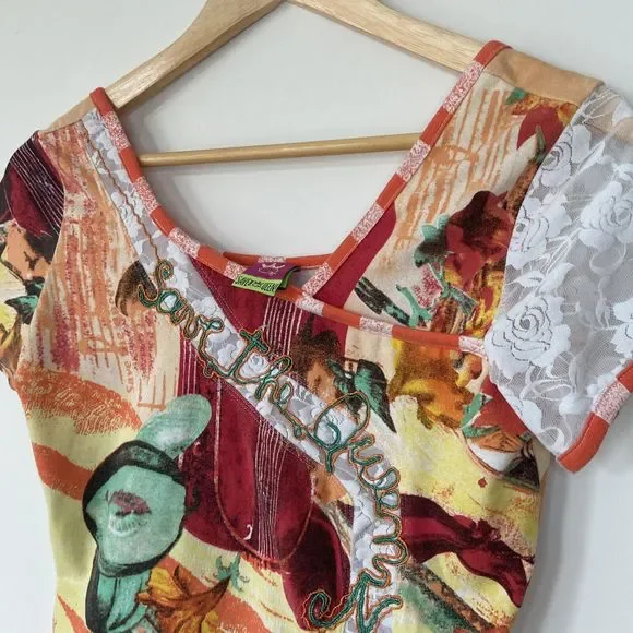 Save The Queen Vintage Short Sleeve Multicoloured Abstract Fruit Print Top Large - Picture 7 of 16